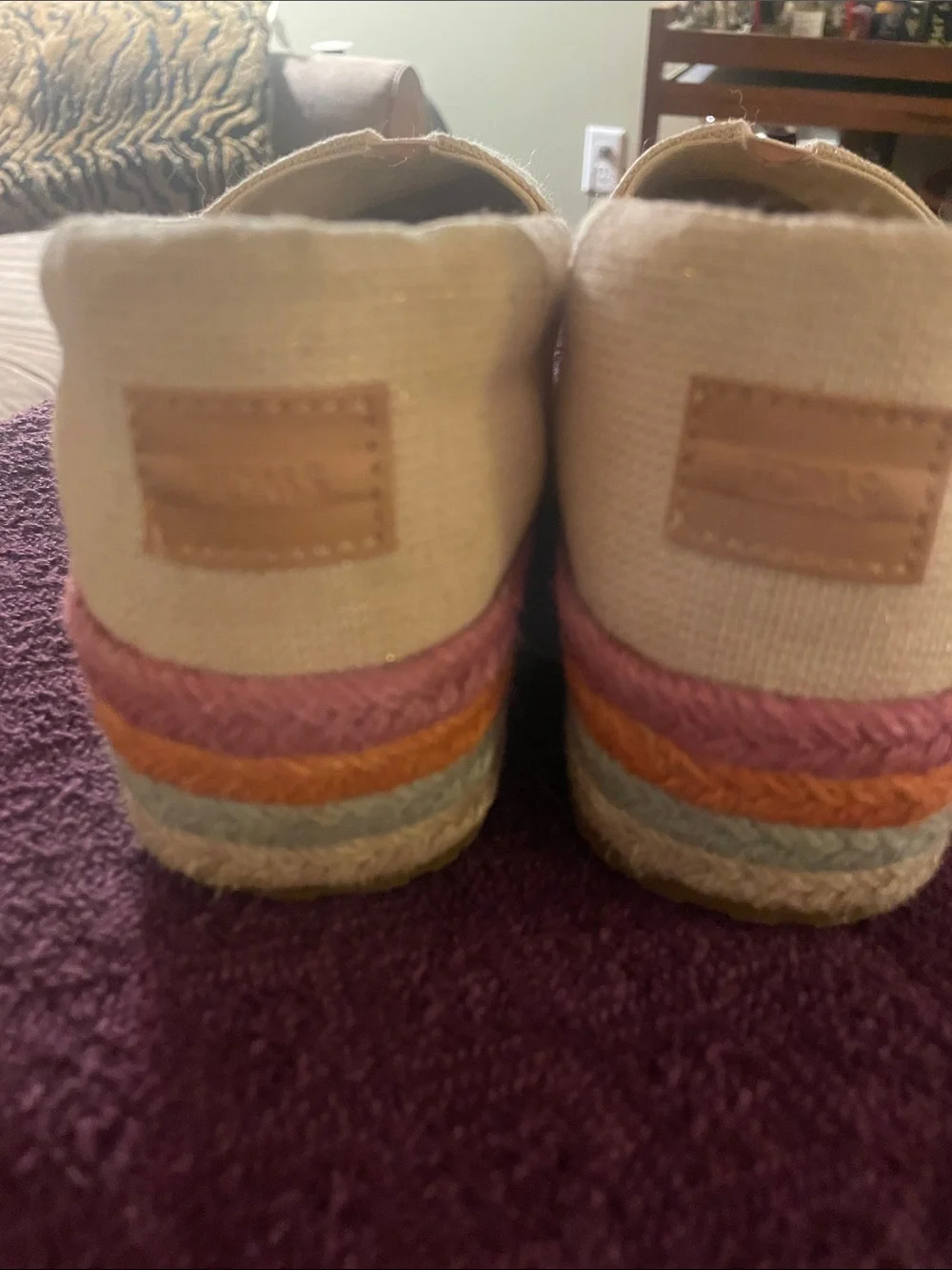 TOMS Cream Canvas Espadrille Platform Slip-Ons with Pink and Orange Trim